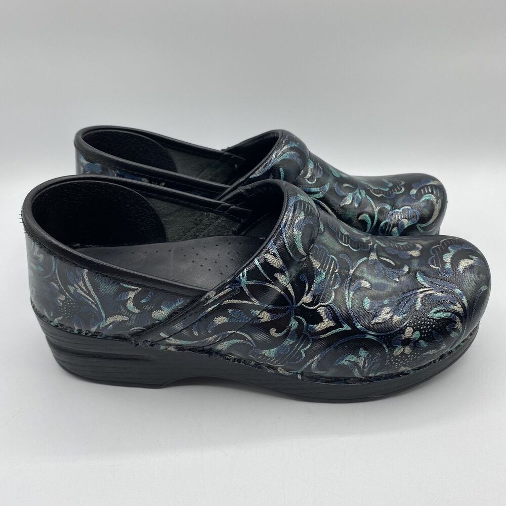Dansko Women’s Professional Clogs Black Teal & Silver Slipons Sz 38 Nurses Shoes